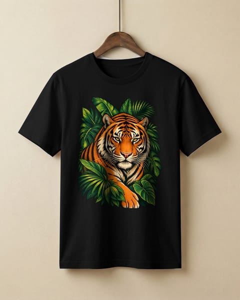 A bold tiger design on a black tee