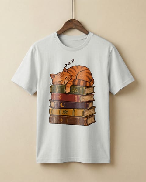 A cartoon cat design on a white tee